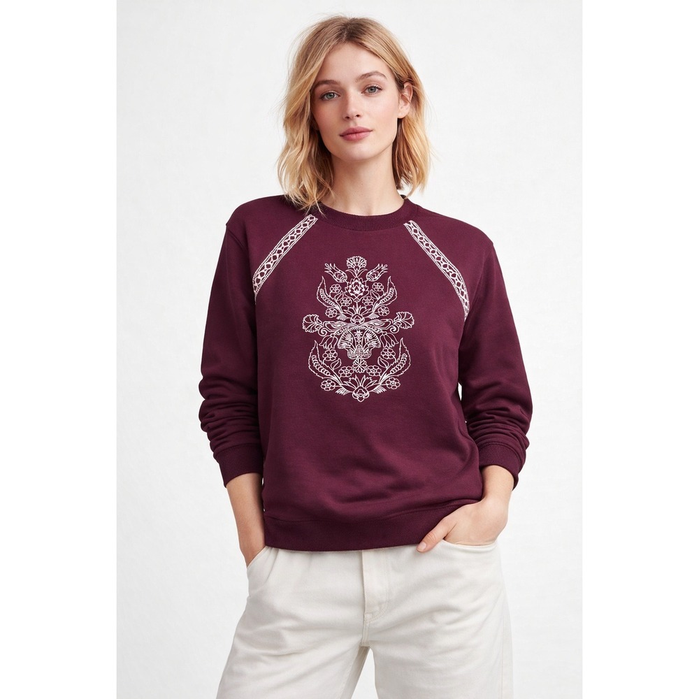 Tracy Evans Womens Small Plum Embroidered Floral Raglanβ Sweatshirt New